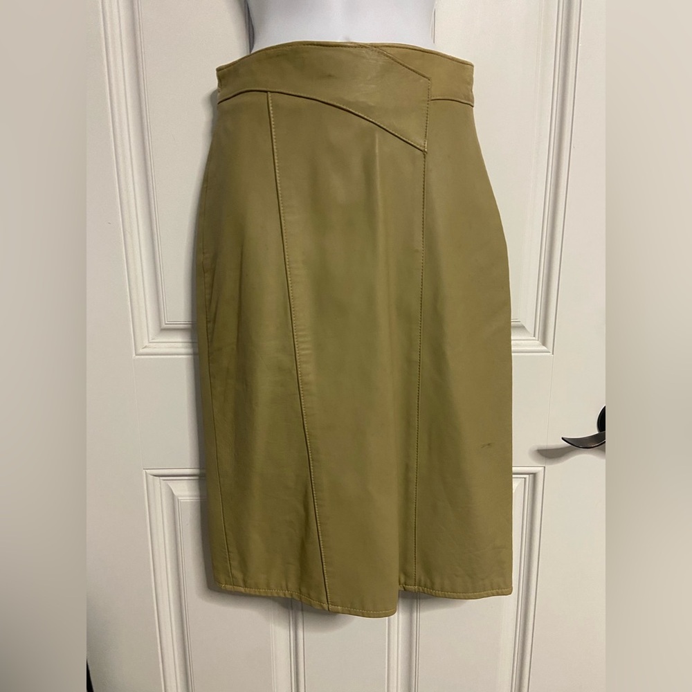 T20b- VINTAGE Tan Genuine Leather PENCIL Midi Skirt - Picture 1 of 7